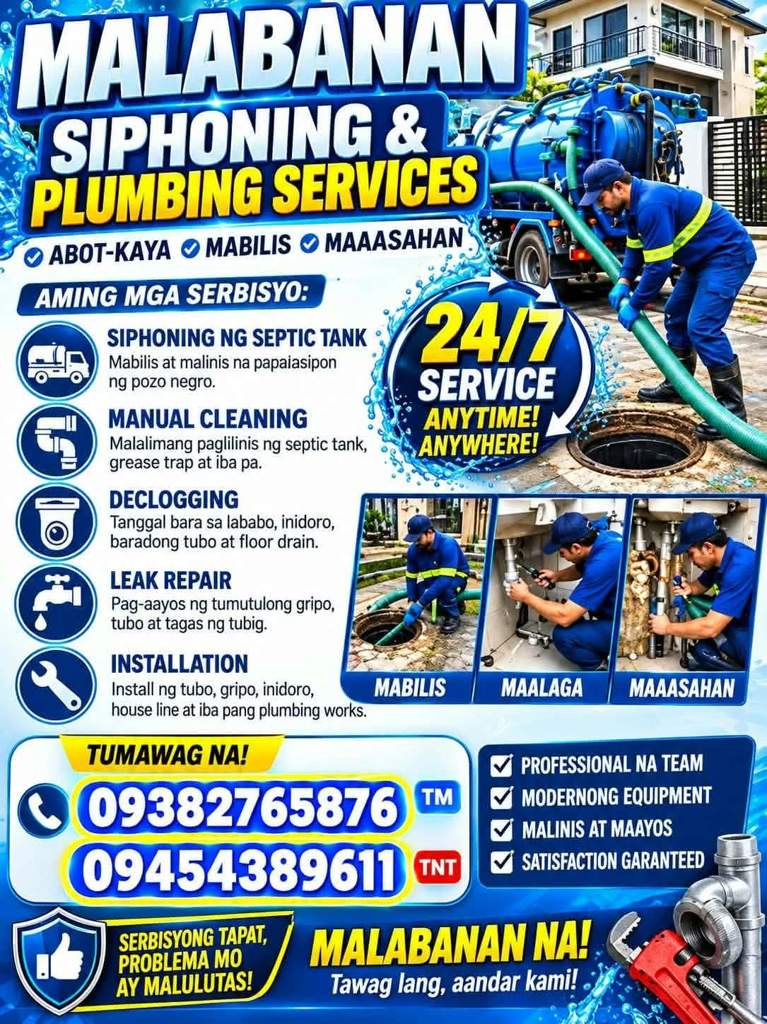 Malabanan Siphoning & Plumbing Services: septic tank siphoning, manual cleaning, declogging, leak repair at installation. Tumawag sa 0938 276 5876 o 0945 438 9611.