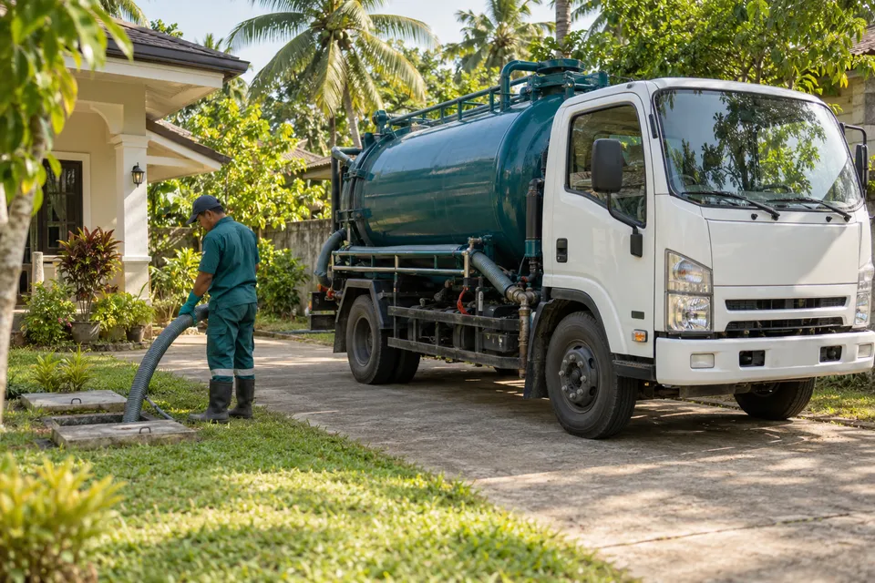 Vacuum truck at hose para sa pagsipsip ng laman ng septic tank